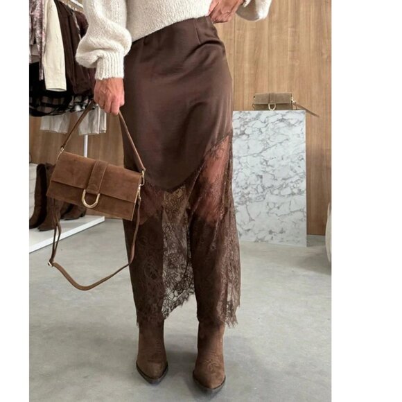 MDM Lux Dresses & Skirts - Chocolate Satin & Lace Midi Skirt | Elegant High-Waist Sheer Lace Hem Skirt